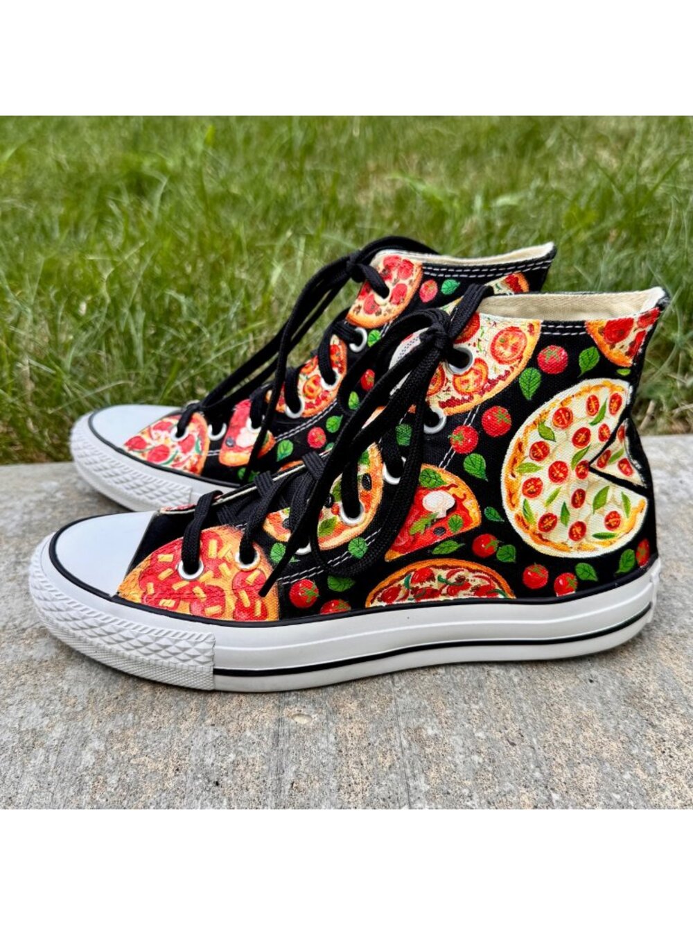 Hand Painted Converse All Star High-Top Black Sneakers Pizza Size 7.5
